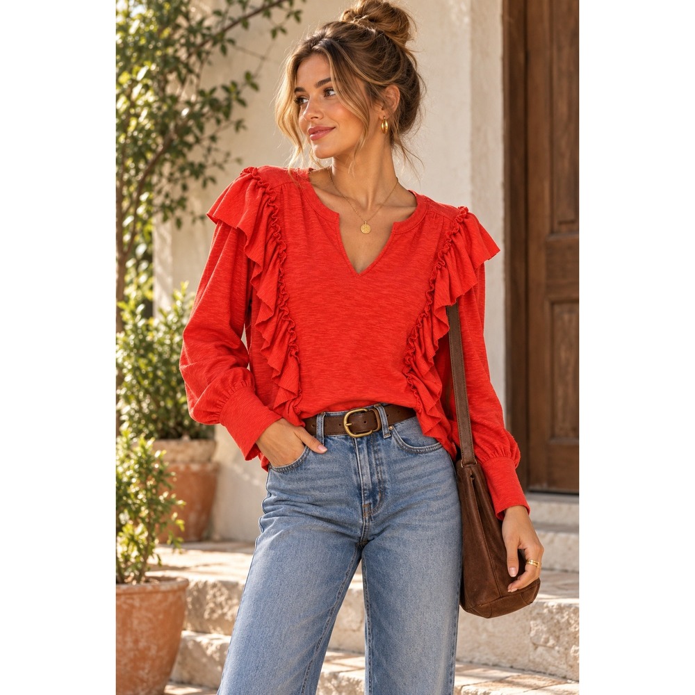Pilcro Anthropologie Coral Ruffle V Neck Long Sleeve Top Romantic Boho Medium